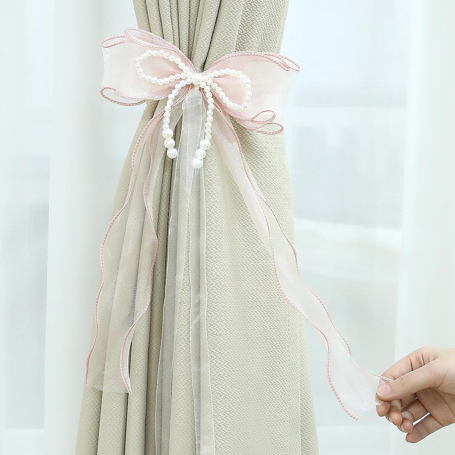 Pink Bow Curtain Tiebacks, 2 Pcs Elegant Pink Bow Butterfly Curtain Tiebacks with Pearls Sweet Bowknot Holdbacks for Stylish Home Bedroom Offices Dining Rooms Wedding Party Decoration