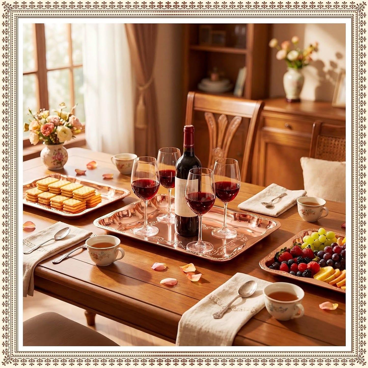 FoldTier 4 Pack Serving Trays Set for Party, Butterfly Floral Bronze Platter Engraved Mirror Tray, 15.8 x 11.6 Inches Elegant Metal Plate for Food Appetizer Cookies Desserts (Rose Gold)