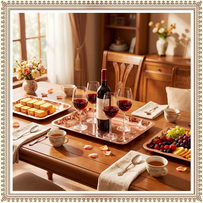 FoldTier 4 Pack Serving Trays Set for Party, Butterfly Floral Bronze Platter Engraved Mirror Tray, 15.8 x 11.6 Inches Elegant Metal Plate for Food Appetizer Cookies Desserts (Rose Gold)