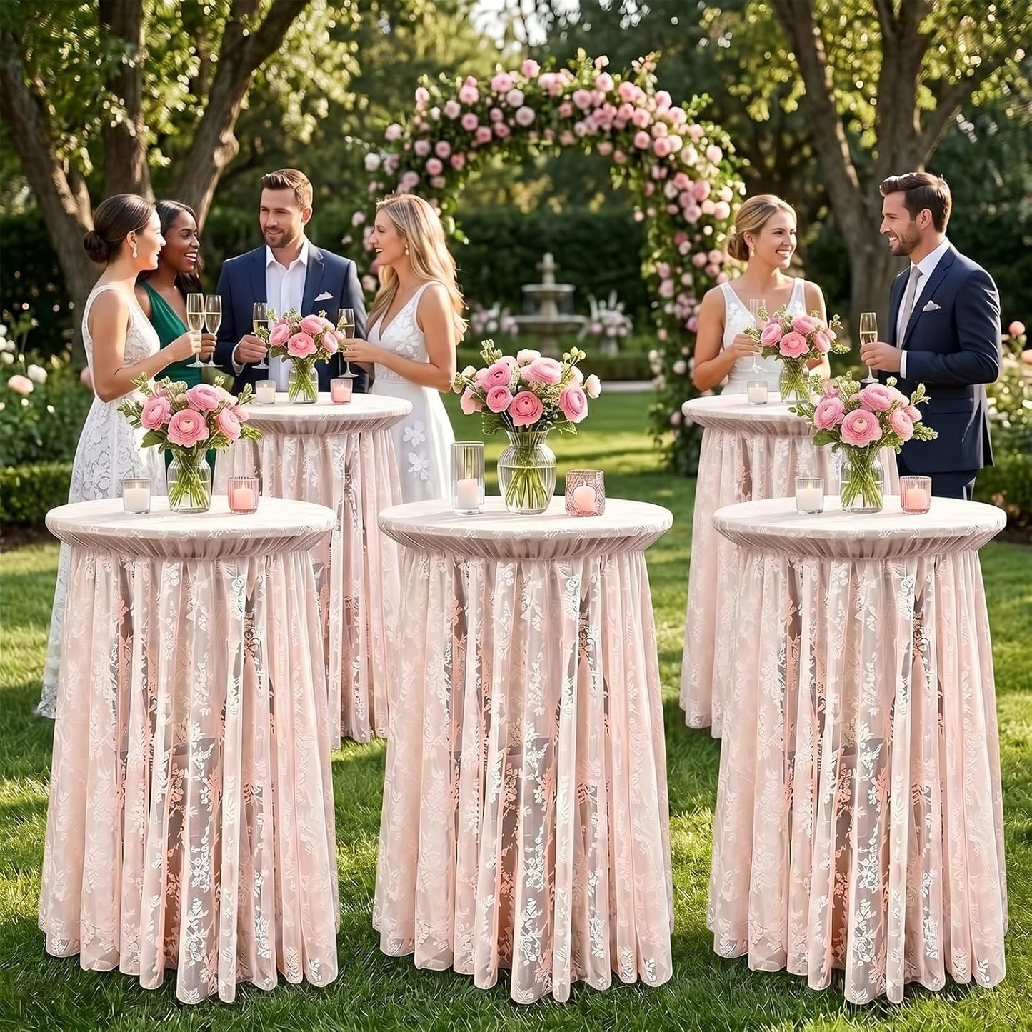 2-Pack Coral Pink Lace Fabric Cocktail Table Covers, Stretch High Top Highboy Tablecloths with Ruffle Skirt, Wrinkle-Resistant, for Wedding Fashion Banquet Home Party Tables (32" Dia x 43" H)