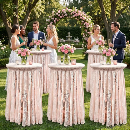 2-Pack Coral Pink Lace Fabric Cocktail Table Covers, Stretch High Top Highboy Tablecloths with Ruffle Skirt, Wrinkle-Resistant, for Wedding Fashion Banquet Home Party Tables (32" Dia x 43" H)