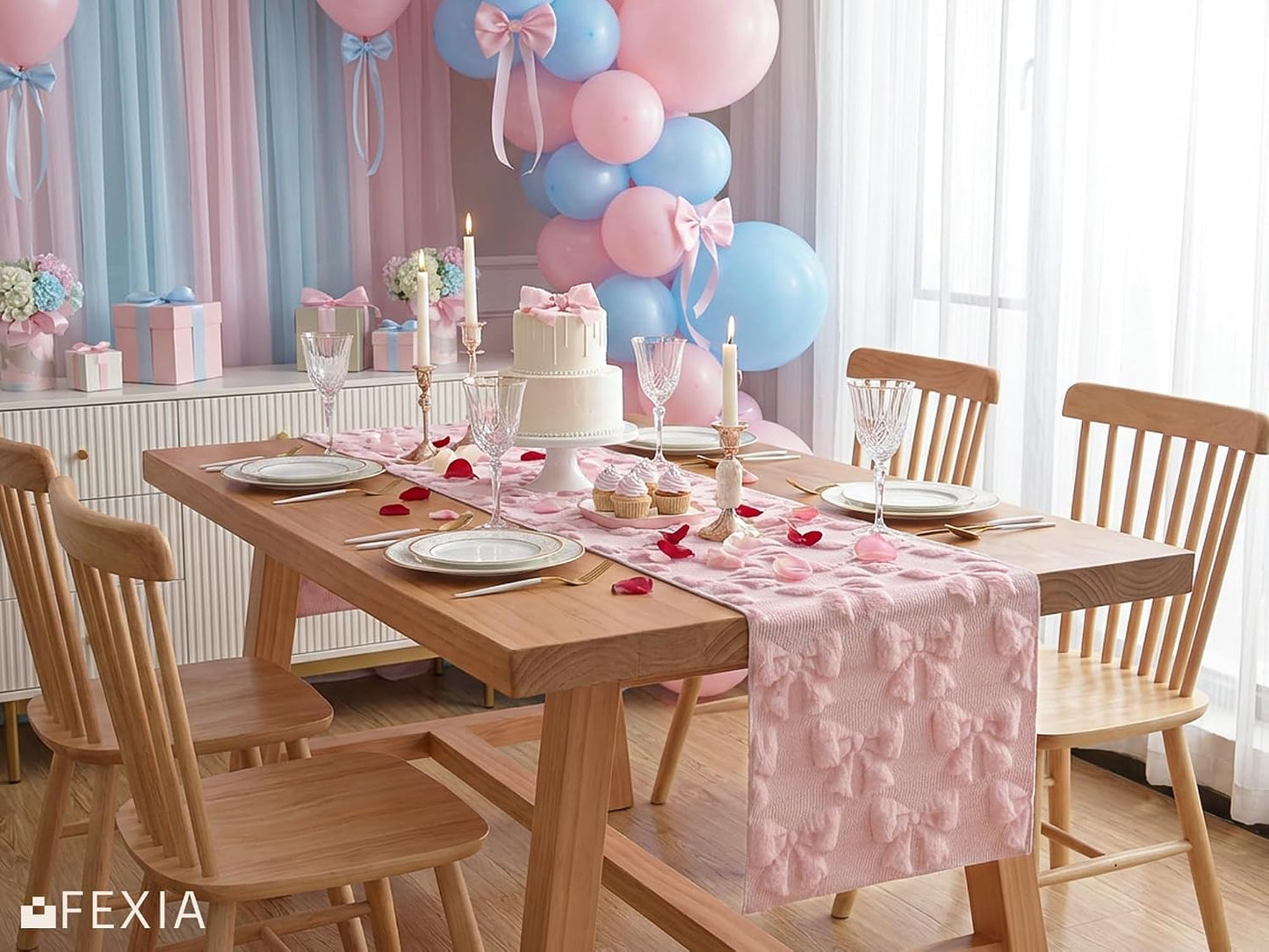 FEXIA Pink Bow Table Runner Soft Plush Tufted Faux Fur Jacquard Embroidery Spring Table Runner for Dining Table Spring Decorations for Home Kitchen Decoration Party Decor 13x72 Inch