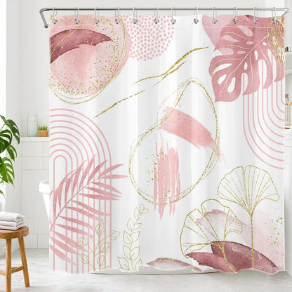 Light Pink and White Shower Curtain, Blush Pale Pink Gold Boho Mid Century Shower Curtains for Girls Bathroom Decor, Abstract Tropical Leaf Minimalist Waterproof Cloth Fabric with Hooks, 72x72inch