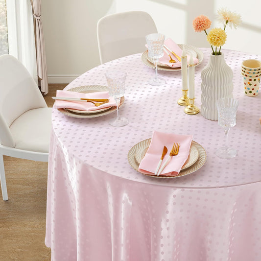 Blush Pink Polka Dot Satin Round Table Cloth 90 x 90 Inches,Blush Pink Round Tablecloth for Party Stain Resistant Wrinkle Free Silkly Soft Table Cloths for Dining Room, Indoor and Outdoor Use
