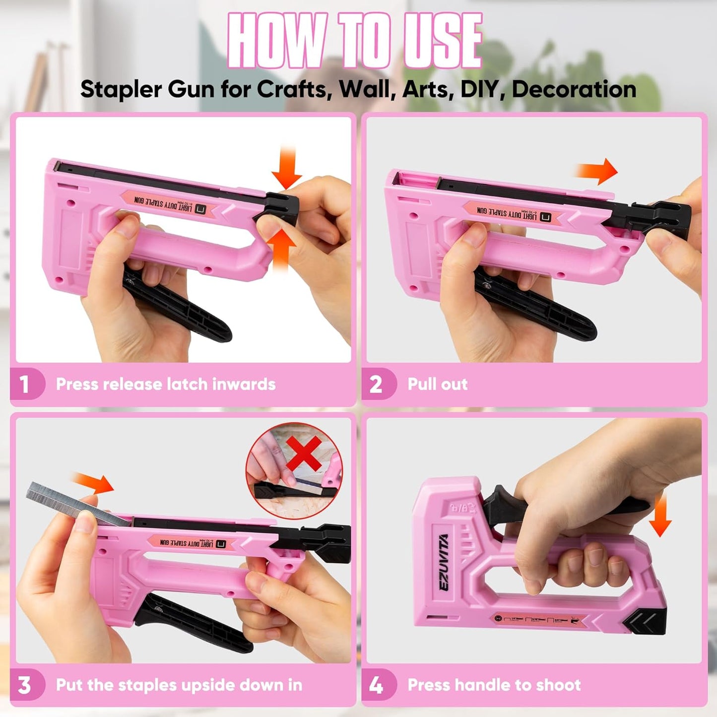 Light Duty Staple Gun for Wood, Pink Upholstery Staple Gun Kit with 2000pcs JT21 Staples 1/4, 5/16, 3/8 inch and Staple Remover, Stapler Gun for Crafts, DIY, Classroom, Mothers Day Gift