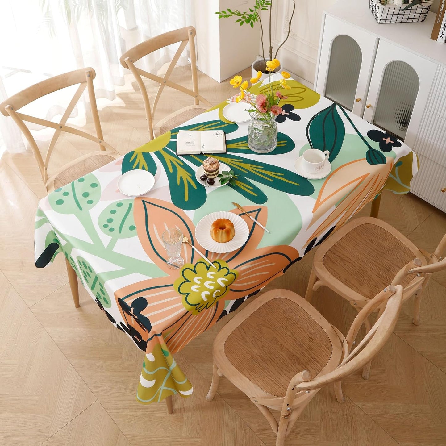 Tyrot Scalloped Boho Floral Rectangle Table Cloth Farmhouse Waterproof Stain Resistant Tablecloth Mid Century Botanical Indoor Outdoor Table Covers for Kitchen Dining/Party, 60x84, Green Pink