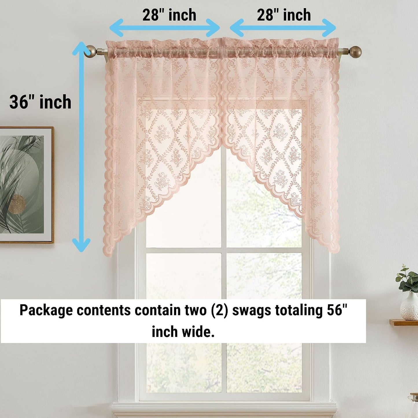 HLC.ME Isabella Floral Rod Pocket Lace Short Cafe Swags for Small Windows - 28 x 36 Inch Length (Blush Pink Swags, Set of 2)