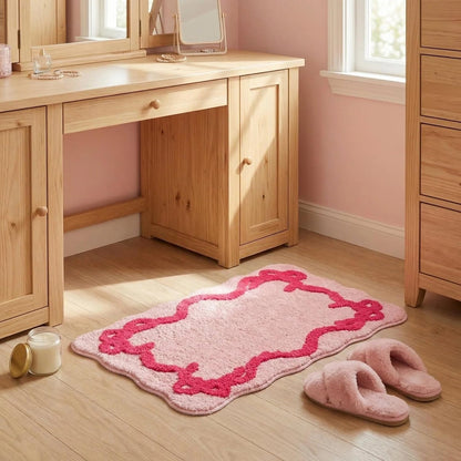 Pink Rose Bow Bath Mat Non Slip Scalloped Bedroom Girly Bow Bath Rug Cute Carpet Bathroom Decor Microfiber Absorbent Bath Rug for Bathtub Shower (Pink-Rose, 31" x 20")