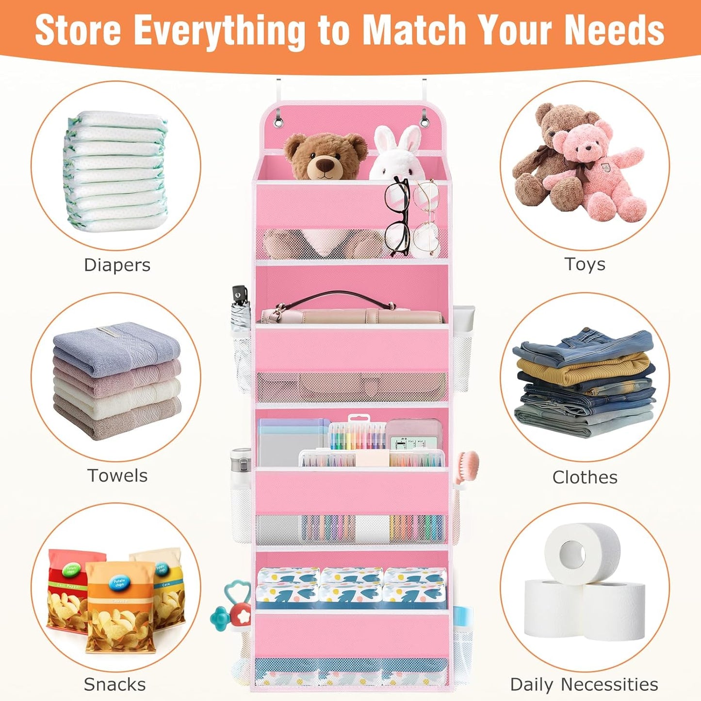 WISELIFE Over The Door Organizer Storage 4 Shelves Large Capacity Hanging Bedroom Storage Solution with 6 Side Pockets for Dorm Bathroom Pantry Nursery and Baby Essentials Holds up to 40 Lbs (Pink)