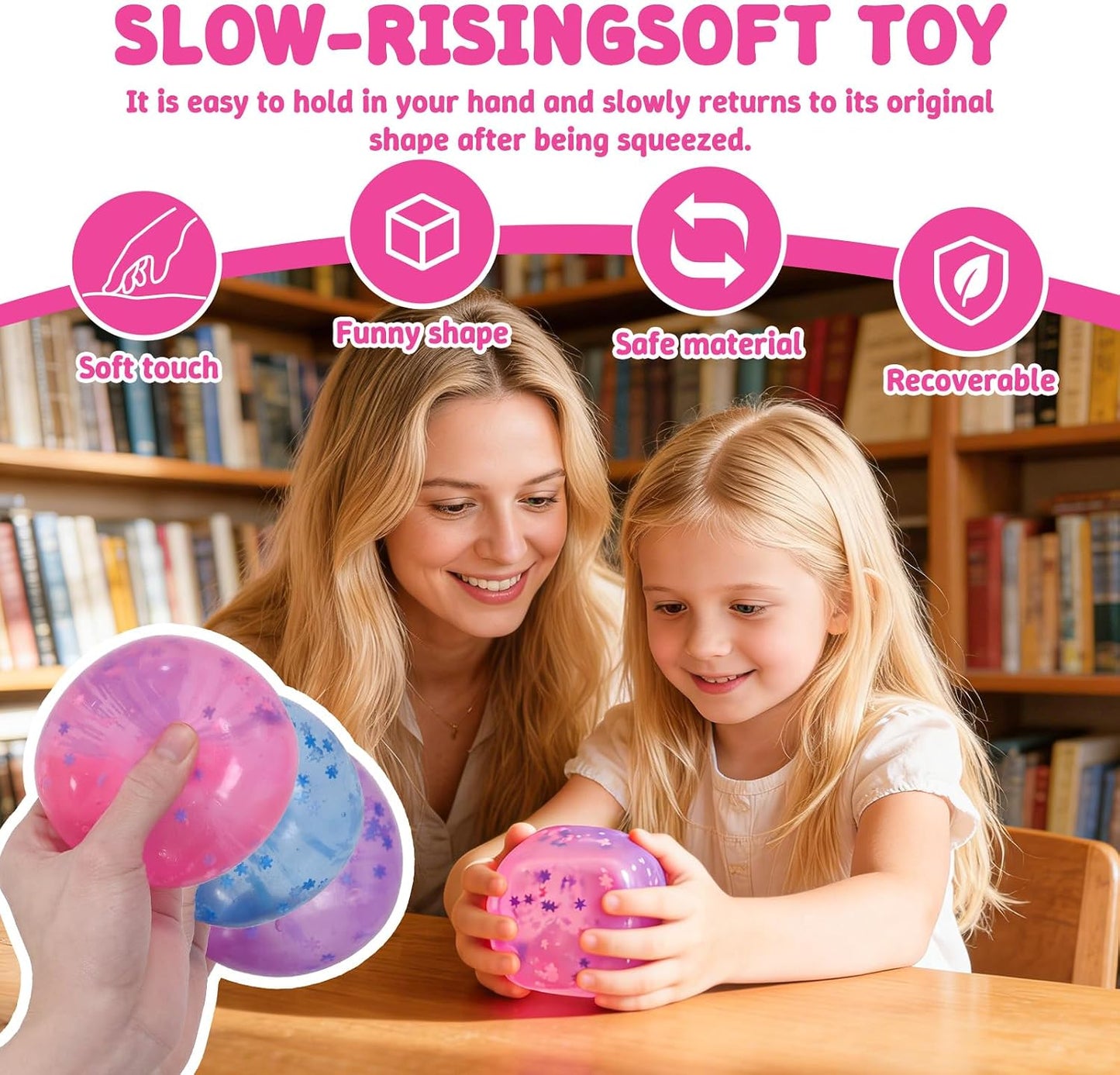 Squishy Ice Cube Fidget Toy,Large Snowflake Ice Cube Squeeze Toys, 2.76in Big Squishy Stress Cube, Soft & Durable Squeeze Toy for Boys & Girls Age 3+ and Adults (Pink)