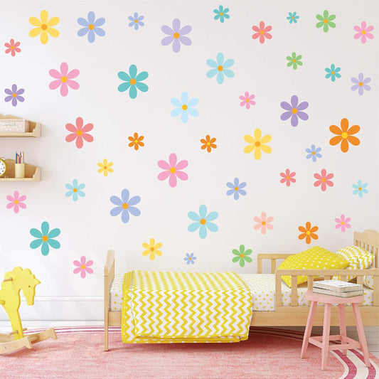 Dayker 144Pcs Cute Daisy Wall Decals, Colorful Flowers Wall Sticker, Removable Pink Purple Blue Boho Floral DIY Art Decor, Pastel Daisy Vinyl Wallpaper for Bedroom Nursery Dorm Fairy Party Supplies