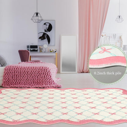 Drydiet Rug Boho Area Rugs 4'x6' Cute Sweet Scalloped Throw Rugs Aesthetic Soft Bedroom Carpet for Living Room Dining Playroom Nursery Family Indoor Dorm(Pink Bow)