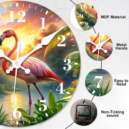 Wall Clock, Summer Pink Flamingo Silent Non Ticking Battery Operated Round Decorative Indoor Outdoor Clocks for Living Room Kitchen Bedroom Bathroom Patio 12"