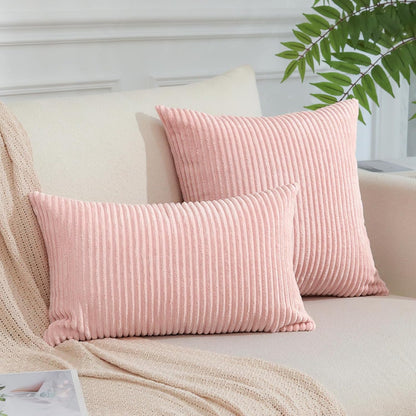 OTOSTAR Pack of 2 Throw Pillow Covers 18 x 18 Inch Soft Corduroy Decorative Square Solid Striped Cushion Case Couch Farmhouse Home Boho Decor Throw Pillows for Sofa Bed Living Room (Pink)