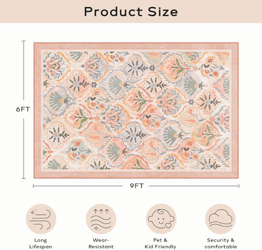 Ashler 6x9 Vintage Rug, Floral Area Rugs, Ultra-Thin Boho Tropical Rug, Vintage Large Rugs for Entryway, Kitchen, Flesh Pink/Beige R UG, Moroccan Low-Pile Machine Washable R ugs Decoration