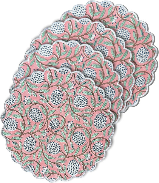 15 Inch Round Placemats Set of 4, for Dining Table, Scalloped Boho Cotton Cloth Easter Placemats - Washable Embroidered Block Print Table Mat - Fabric Place Mats for Kitchen, Peach