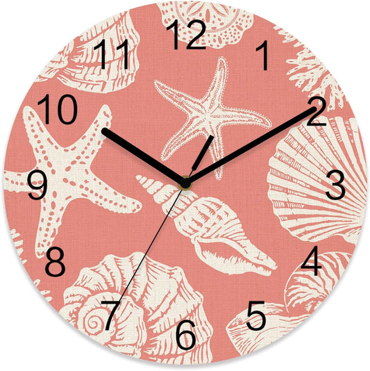 Ocean World Wall Clock Battery Operated Non-Ticking 10" Round Wood Clocks, Watercolor Pink Shell Conch Coral Linen Kitchen Wall Clock for School Bathroom Living Room Home Office Wall Decor