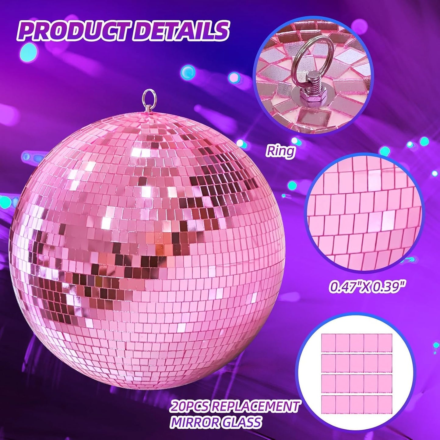 16 Inch Mirror Disco Ball lamp, Pink 16" Disco Ball Decor Hanging Disco Ball for Party Wedding Holiday Home Decoration, Replacement Mirror x 20pcs (Pink, 16inch)