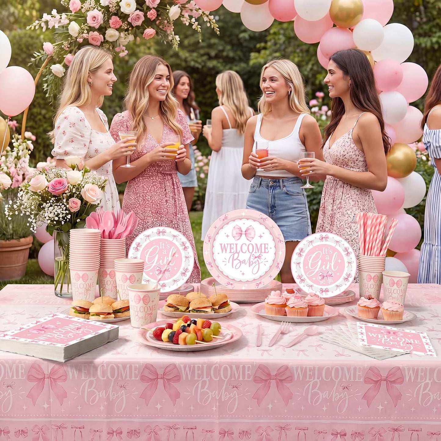 Ceenna 452 Pcs 50 Guests Pink Bow Baby Shower Decoration Girl, Pink Bow Welcome Baby Shower Plate Napkin Cup Tablecloth Cutlery Straw It's a Girl Disposable Tableware for Gender Reveal Party Supply