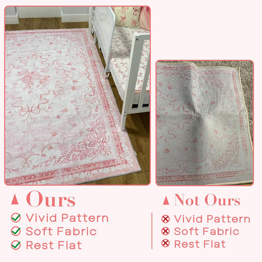 Pink Rug for Nursery Girl Bedroom 5x8 - Cute Bow Coquette Room Decor for Teen Girls Aesthetic,Washable Light Pink and White Cottage Core Floral Scalloped Rug for Dorm Room College Students Playroom