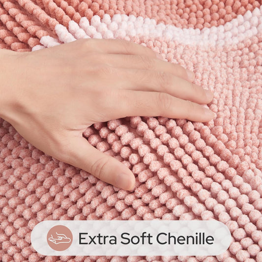 HOMEIDEAS Pink Bathroom Rugs Set of 2, Thick Absorbent Chenille Bath Mats, Non-Slip Soft Shaggy Rugs for Bathroom Floor, 20" x 32" & 17" x 24"