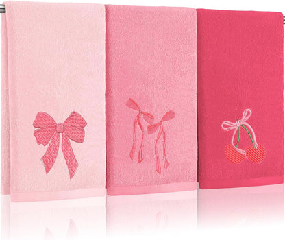 FuWeave 3 Pcs Pink Hand Towels for Bathroom Coquette Bow Embroidered Decorative Towel 100% Cotton Soft Absorbent Kitchen Facecloth Preppy Bathroom Decor Bridal Shower Wedding Gift 13.7 x 29.5''