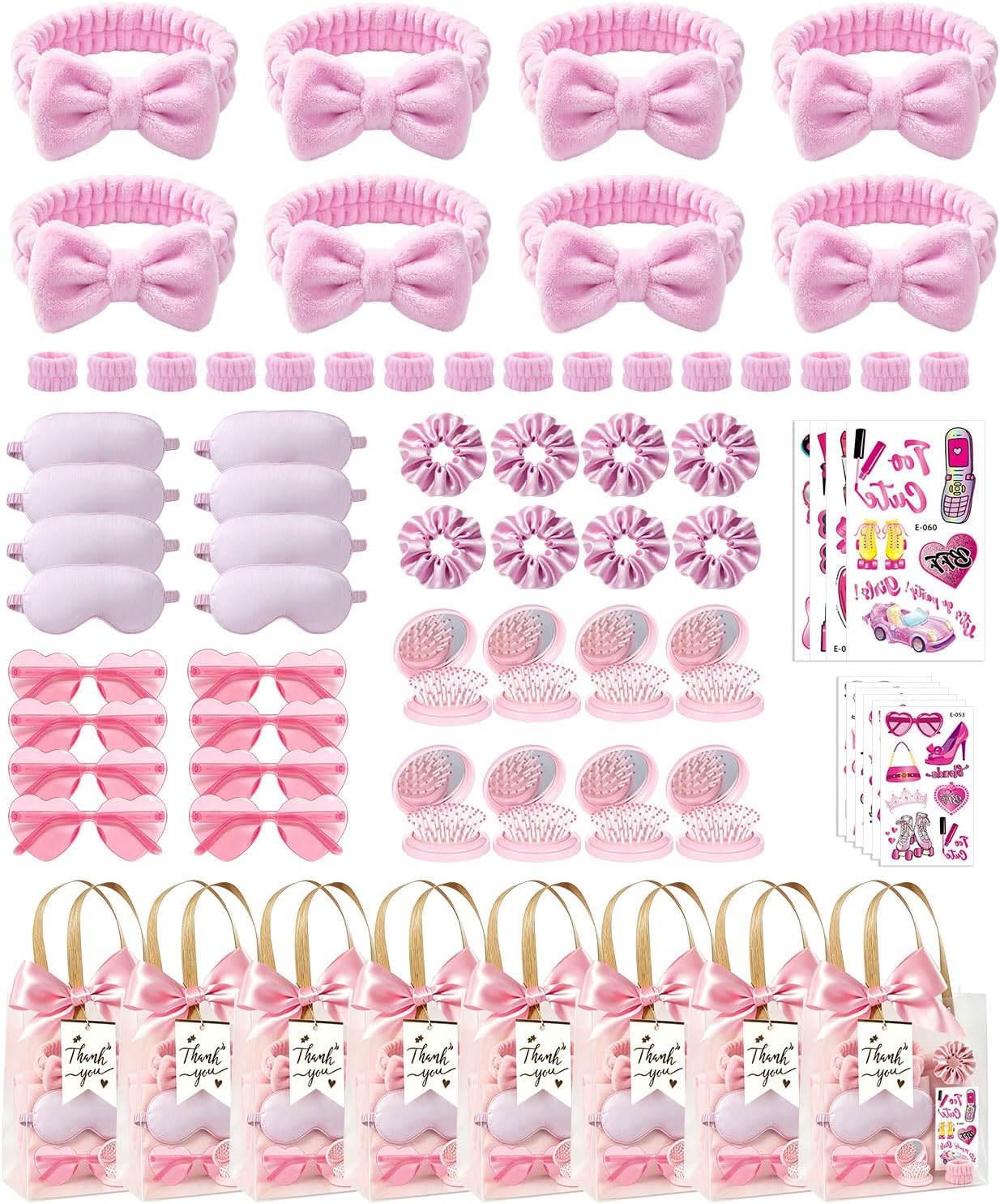 66Pcs Sleepover Party Supplies for Girls, Women Spa Party Supplies Bulk Include Headbands, Sleep Eye Mask, Mirror Hair Comb Gift Bags for Spa Sleepover Birthday Wedding Birthday Party (Pink)