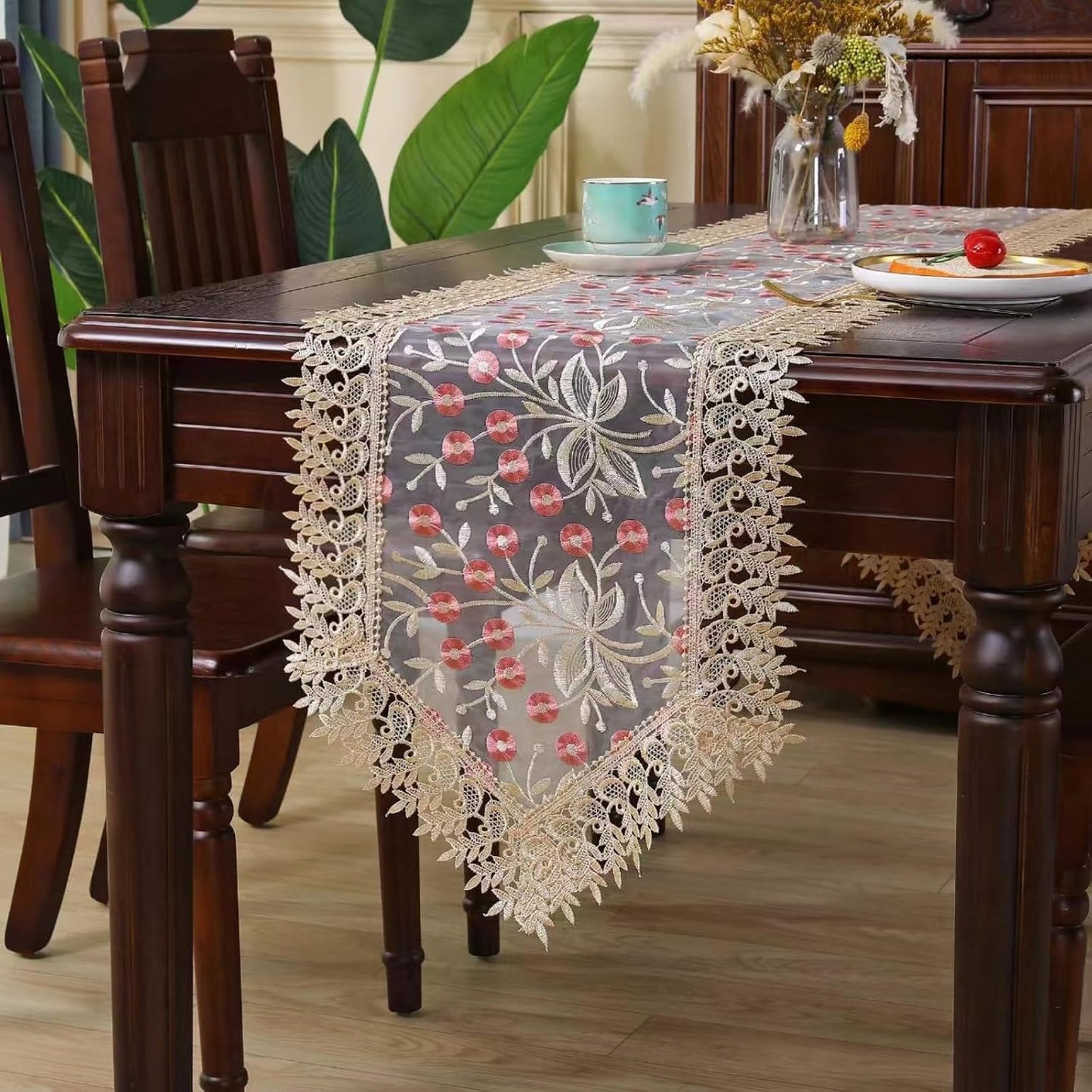 Lace Table Runner Floral Embroidery Fabric Rustic Table Runners Elegant Chic Table Transparent Cover for Home Dining Room Tabletop Decor Wedding Party Dresser (Champagne&Pink, 16 x 70 Inch)