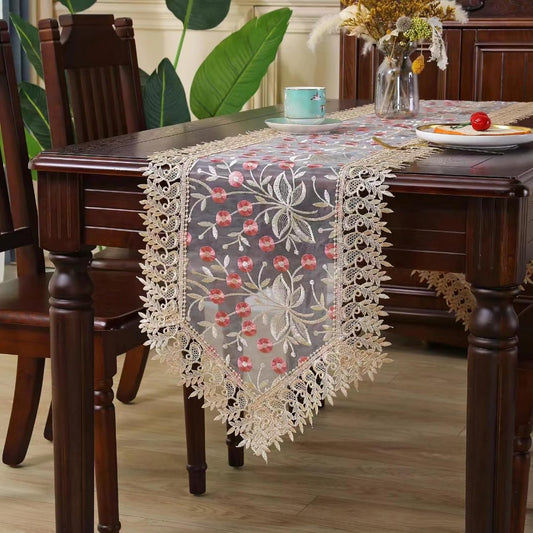 Lace Table Runner Floral Embroidery Fabric Rustic Table Runners Elegant Chic Table Transparent Cover for Home Dining Room Tabletop Decor Wedding Party Dresser (Champagne&Pink, 16 x 70 Inch)