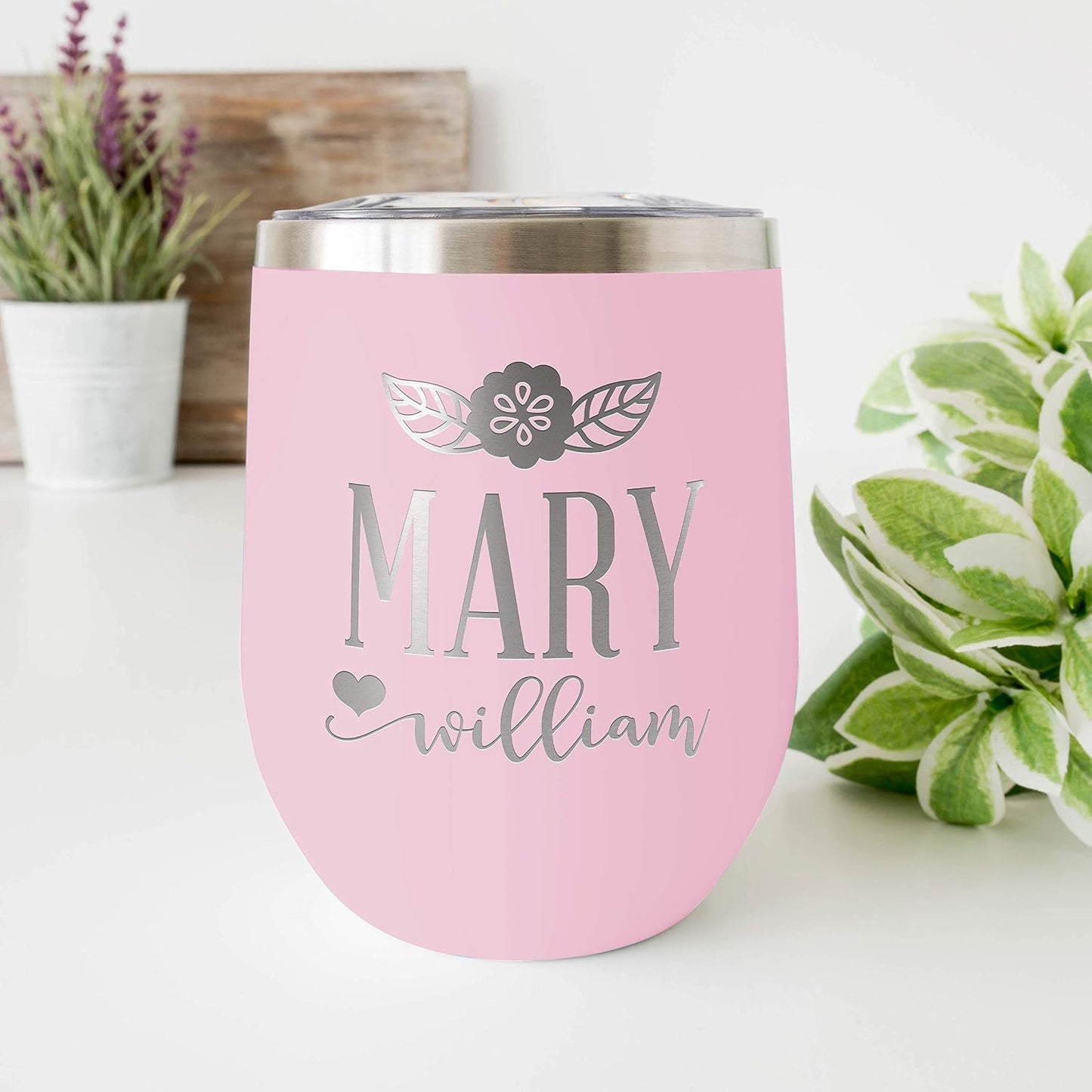 Personalized Wine Tumblers, 12 oz Light Pink, 12 Designs, Stainless Steel Custom Wine Tumblers, Double-Wall, Vacuum Insulated, Personalized Gifts for Women
