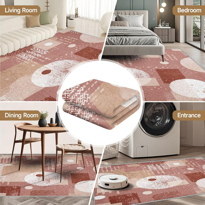 Boho Geometric 5x7 Area Rugs for Living Room, Washable Pink Abstract Geometry Large Rug, Modern Minimalism Pattern Carpet Soft Low Pile Non Slip for Bedroom Home Decor SBY360rs