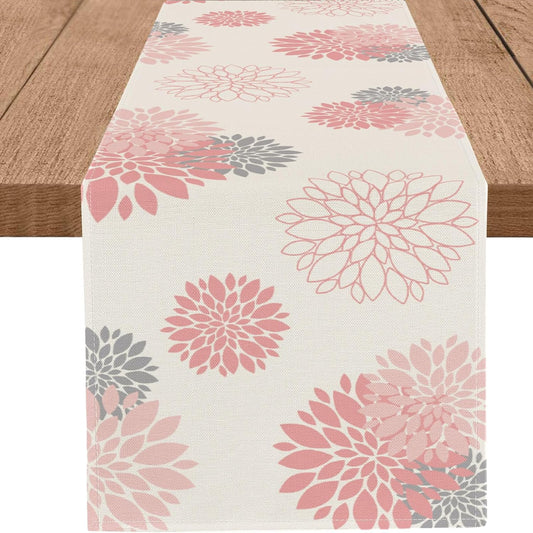 Pink Gray Table Runner Dahlia Pinnata Flower Beige Table Runners Modern Elegant Pompon Farmhouse Geometric Table Center Decor for Girls Room Dining Party Patio (13 x 72 Inch)