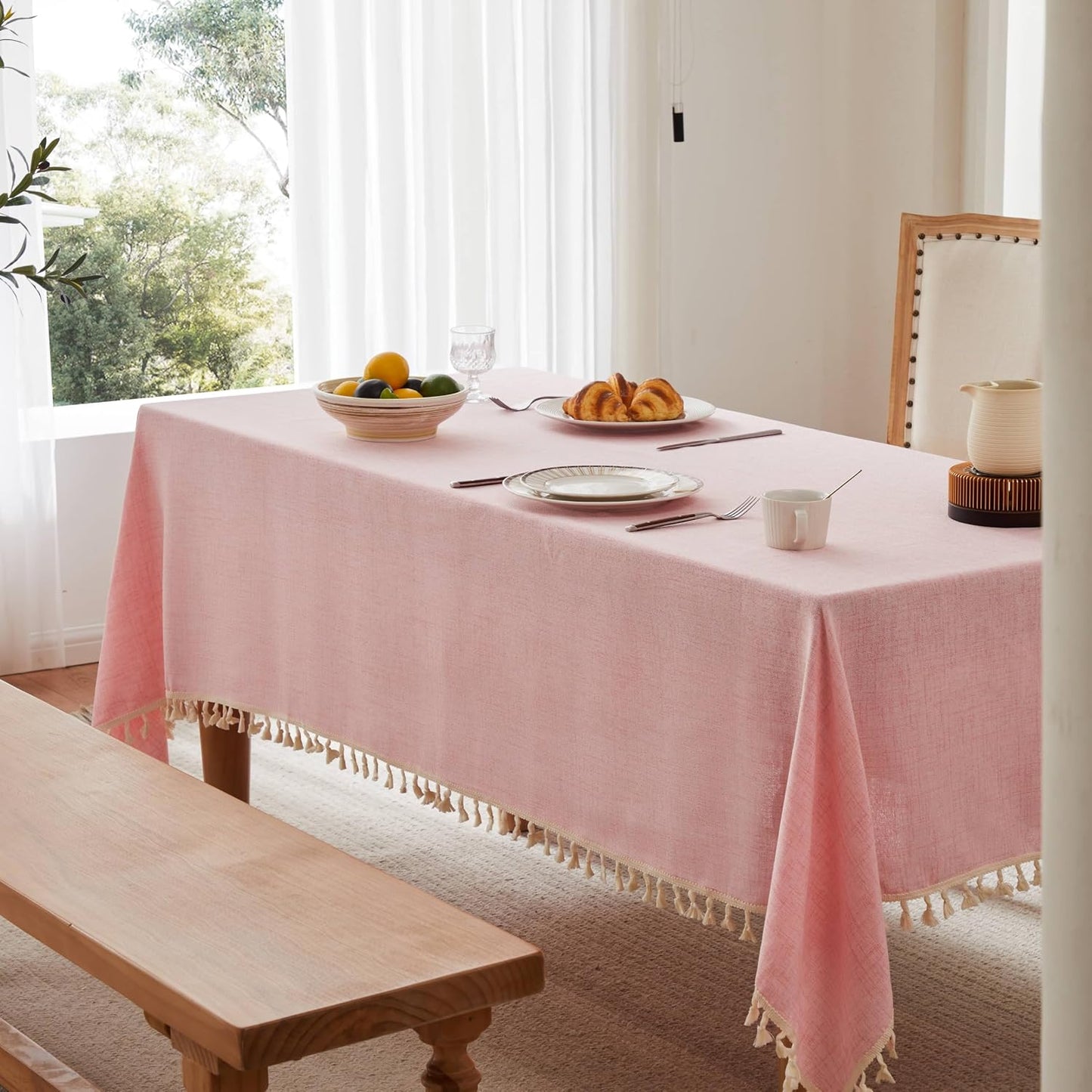 Tassel Linen Rectangular Table Cloth, Pink 52x70 Inch | Tassel Trimmed, Sleek Draping, Cotton Blend, Water Stain Resistant Dining Tablecloths, Washable Farmhouse Table Cover