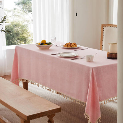 Tassel Linen Rectangular Table Cloth, Pink 52x70 Inch | Tassel Trimmed, Sleek Draping, Cotton Blend, Water Stain Resistant Dining Tablecloths, Washable Farmhouse Table Cover