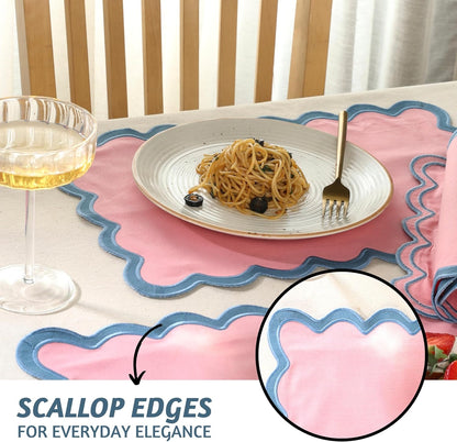 Folkulture Placemats Set of 4 (13 x 19) | 100% Cotton, Cute, Heat Resistant,Machine Washable Scalloped Place Mats | Pink Rectangular Cloth Table Placemats or Dining Table Mats for Dinner Party