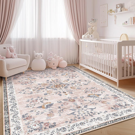 RELEANY Area Rug 6x9, Vintage Floral Distress Print Pattern, Washable Non-Slip Low-Pile Indoor Carpet for Bedroom, Living Room, Dining Room & Entryway, Pink Purple