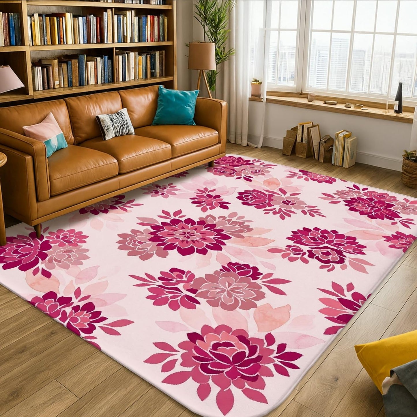 Flower Area Rug, Floral Modern Leaf Petal Spring Peach Low Pile Sponge Aesthetic Rectangle Home Floor Carpet Rugs for Living Room Bedroom Under Table Dining Decor 5' X 7'