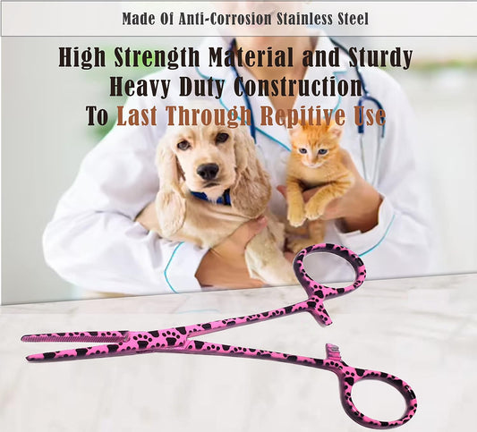 A2Z SCILAB Dog Pet Ear/Nose Hair Puller Grooming Hemostat Locking Forceps Pliers, 5.5" (14cm), Straight (Pink Paws)