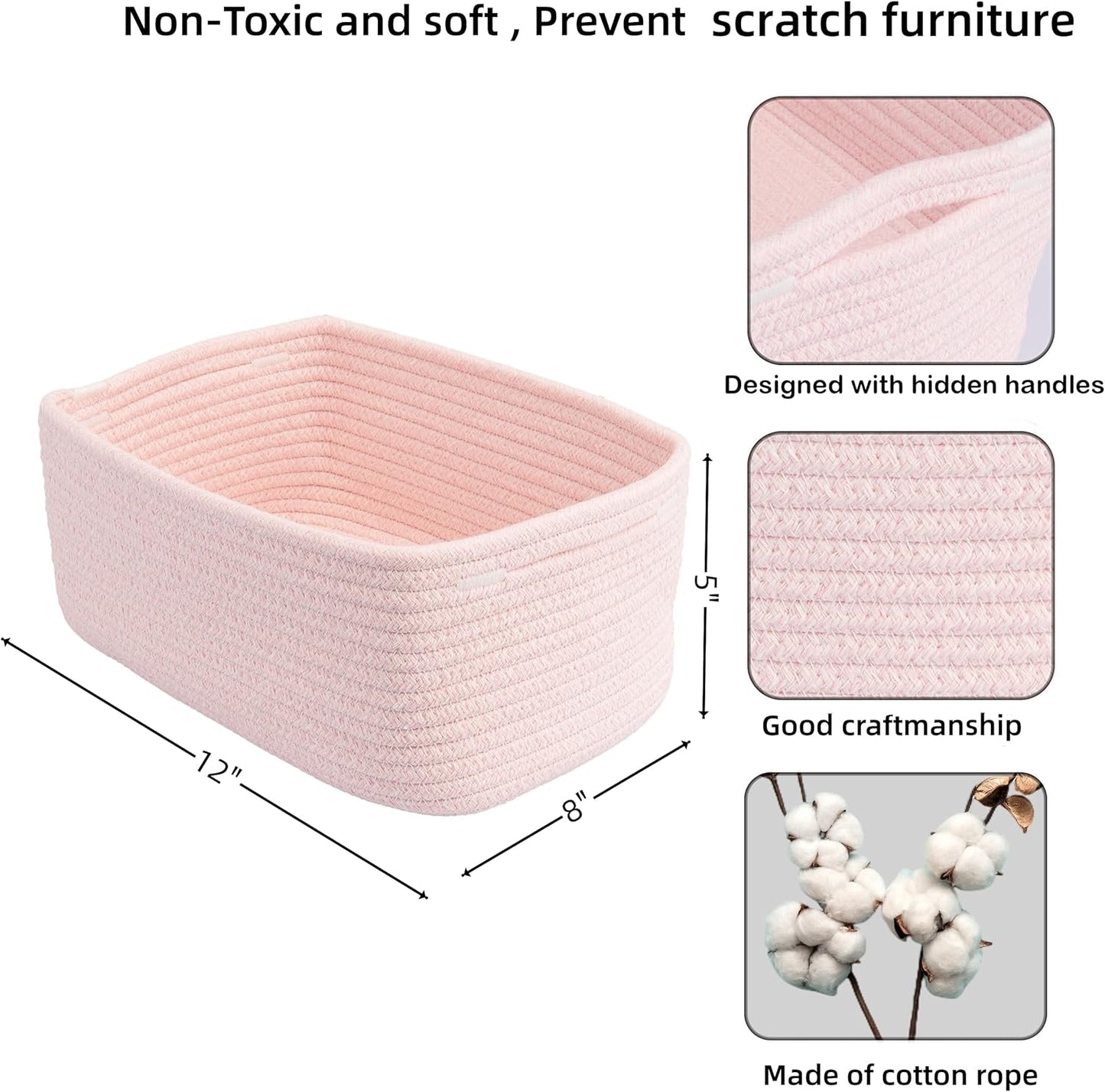 XUANGUO Small Woven Storage Baskets 12“X8”X5“ Decorative Rope Bins for Organizing Shelves, Closets, and Toys, Empty Gift Baskets, Cute Organizer Basket for Home and Office (pink, regular)