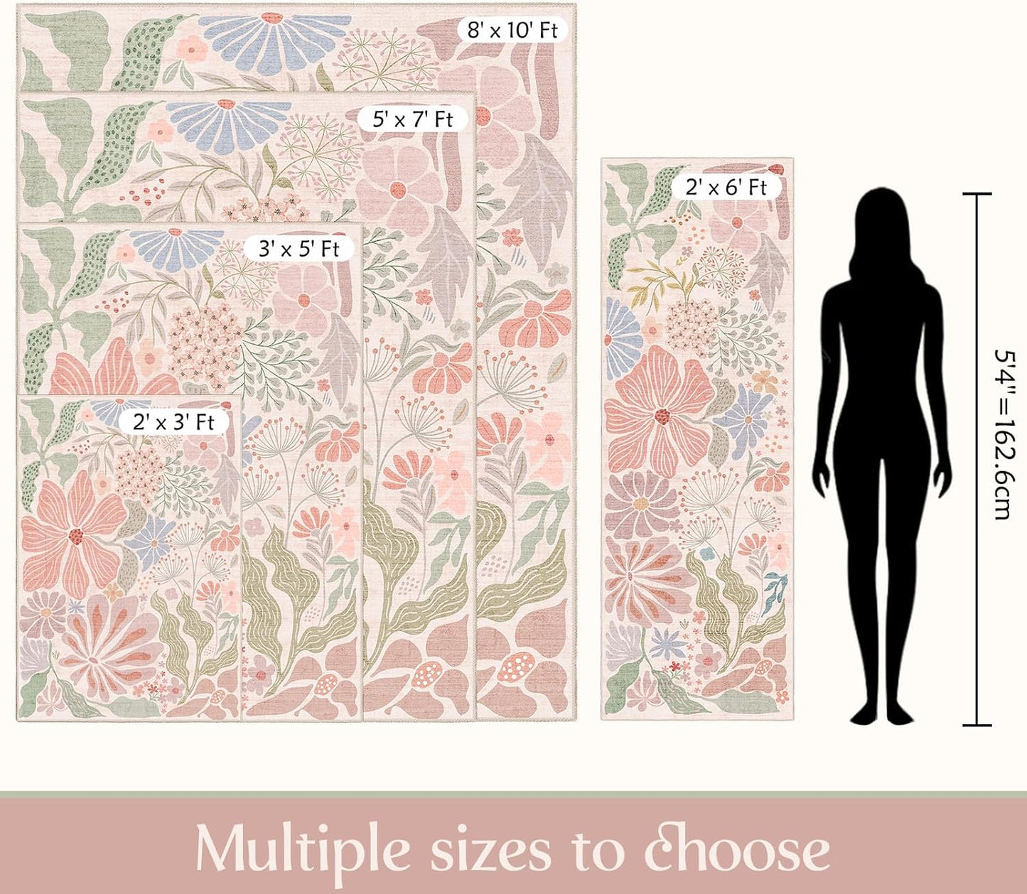 MUJOO Pink 3x5 Washable Rugs,Floral Large Area Rug for Entryway Kitchen Foyer,Small Throw Carpet for Bedroom Bedside Office Indoor Non Slip Boho Modern Abstract Botanical Flower
