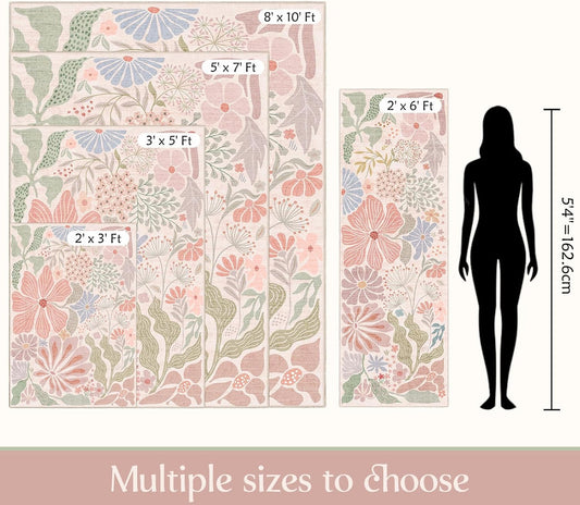 MUJOO Pink 3x5 Washable Rugs,Floral Large Area Rug for Entryway Kitchen Foyer,Small Throw Carpet for Bedroom Bedside Office Indoor Non Slip Boho Modern Abstract Botanical Flower