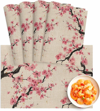 Spring Flowers Placemats Set of 4, Washable PVC Kitchen Table Mats Place Mats, Country Pink Peach Blossoms Botanical Floral Woven Vinyl Placemat for Dining Table, 13" x 19"