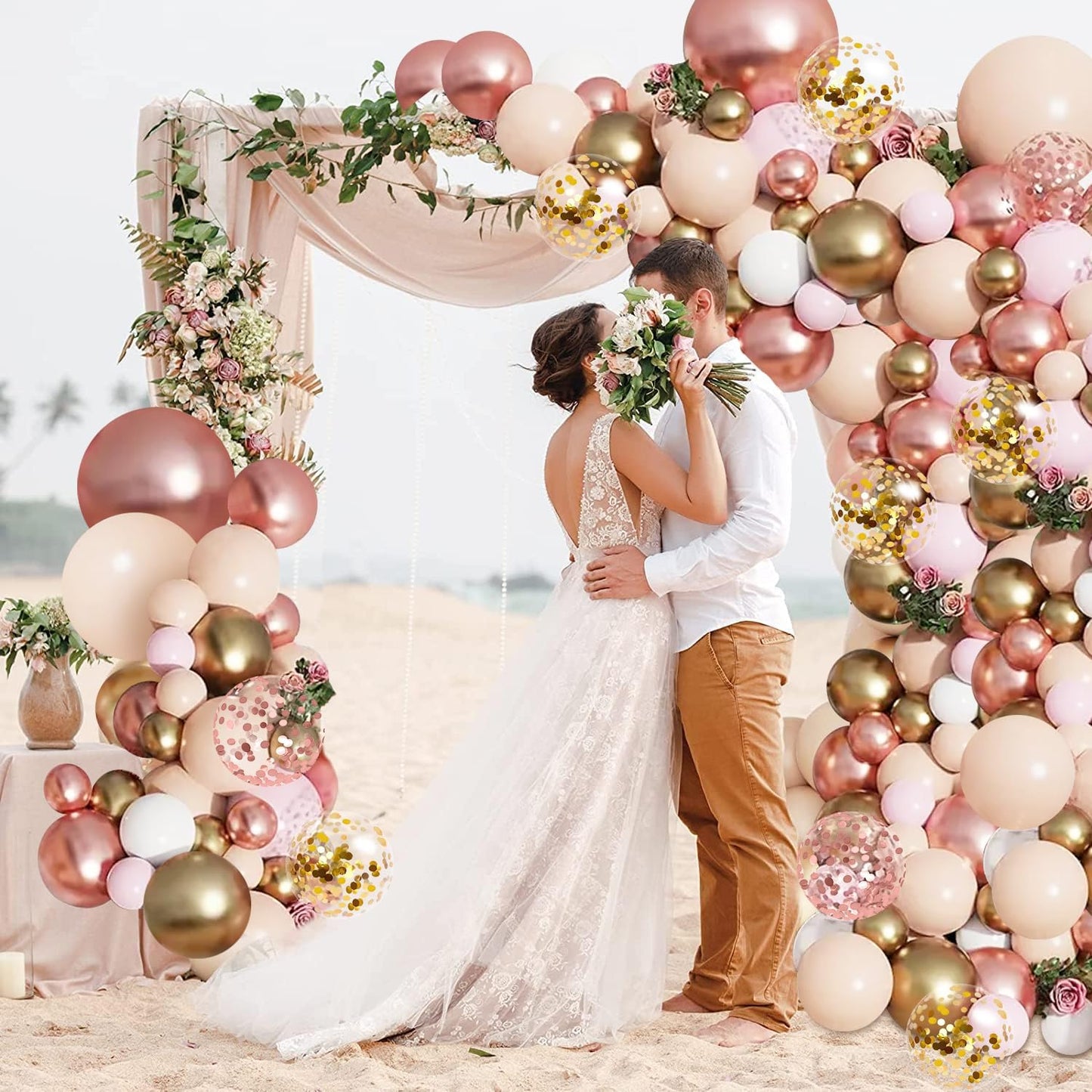 Blocesa Rose Gold Balloon Garland Kit, Nude Pastel Pink Metallic Gold Matte White Balloons Gold and Rose Gold Confetti Balloons for Girl Birthday Coquette Party Wedding Bridal Shower Decorations