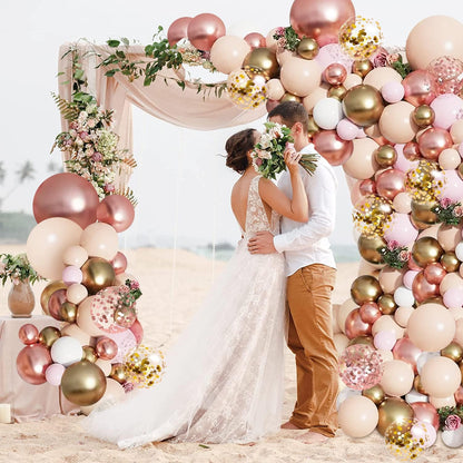Blocesa Rose Gold Balloon Garland Kit, Nude Pastel Pink Metallic Gold Matte White Balloons Gold and Rose Gold Confetti Balloons for Girl Birthday Coquette Party Wedding Bridal Shower Decorations