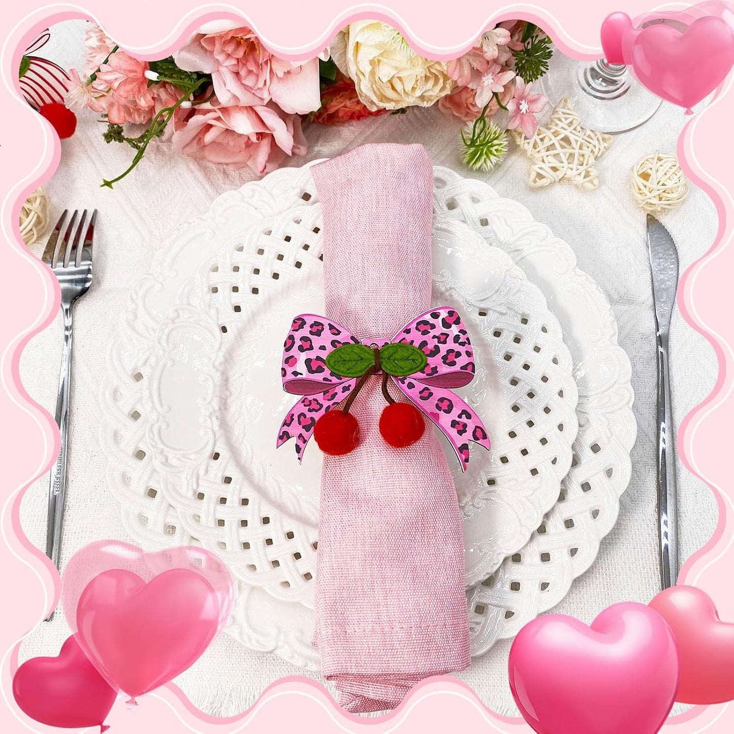 10 PCS Valentine's Day Napkin Rings Wood Pink Bow Napkin Rings Wedding Napkin Ring Holders Romantic Table Decor for Valentine's Day Anniversary Dinner Party