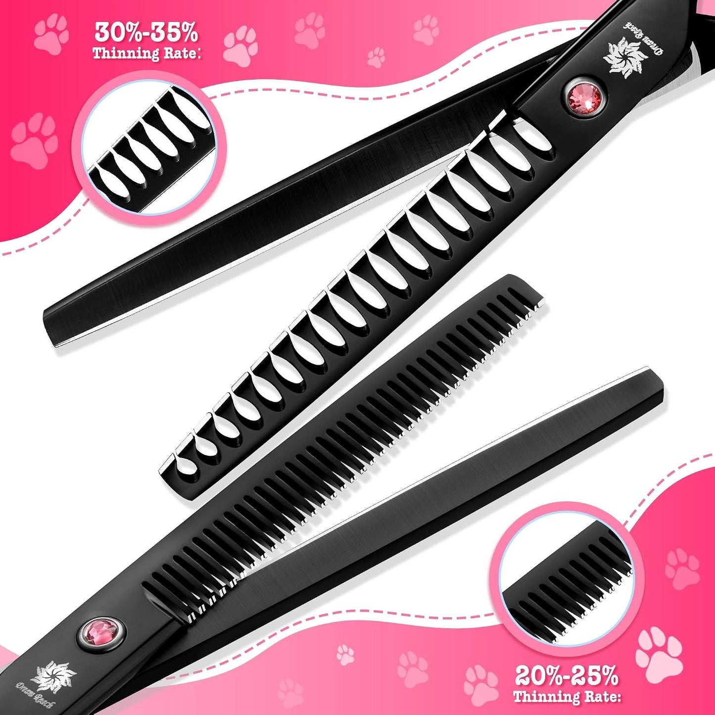 Dream Reach Dog Grooming Scissors - 7" Professional 6 in 1 Sharp Dog Shears Set Thinning, Chunker, Straight, Curved Shears and Comb for Dog Cat Pet, Pink