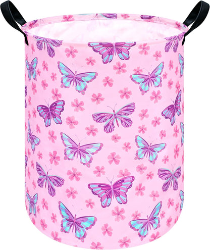 Round Butterfly Pattern Laundry Hamper Storage Basket Fabric Material Storage Hamper Organization Basket, Storage Bin, Gift Box with Handles for Room