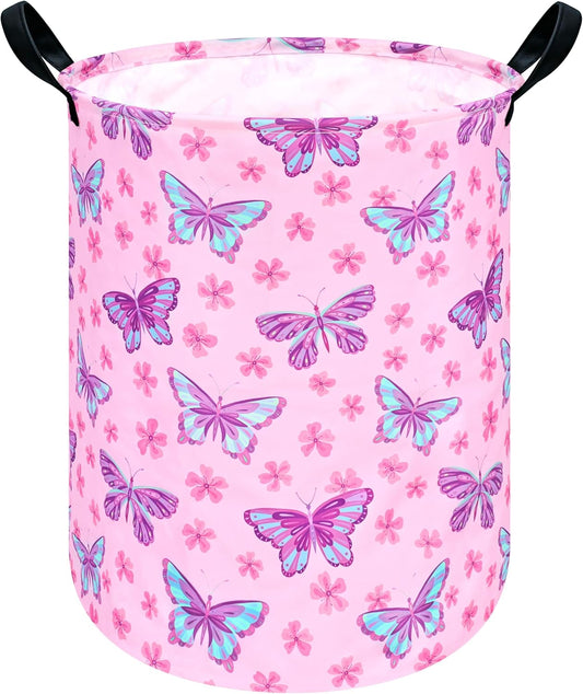 Round Butterfly Pattern Laundry Hamper Storage Basket Fabric Material Storage Hamper Organization Basket, Storage Bin, Gift Box with Handles for Room
