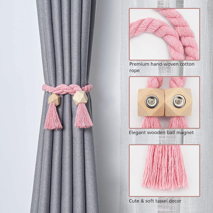 NICEEC 2 Pack Wooden Polyhedron Magnetic Curtain Tiebacks Boho Home Decor Drape Tie Backs Natural Cotton Hand Woven Rope Curtain Holdbacks for Home & Office Window Draperies (Pink)