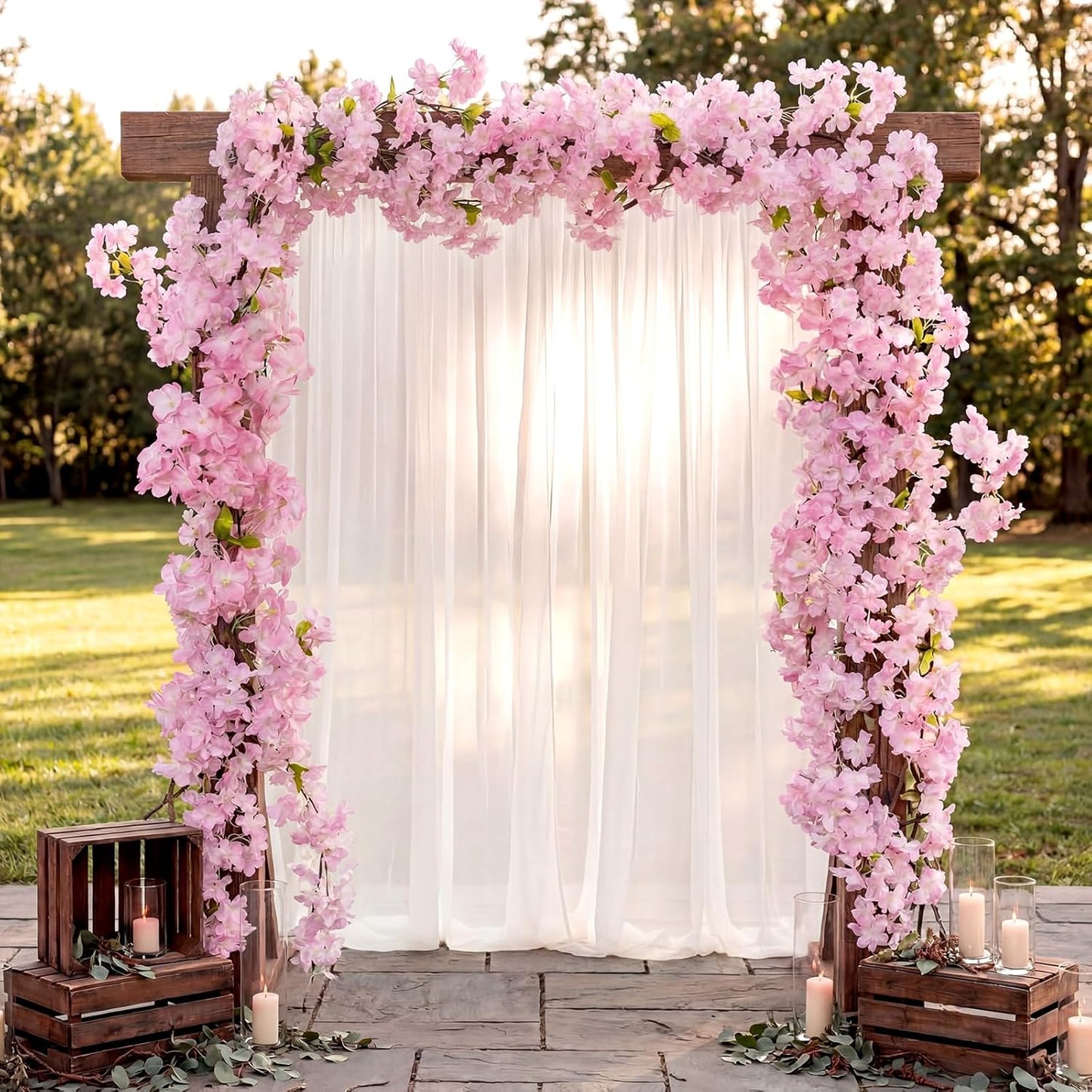 Tigeen 24 Stems Artificial Cherry Blossom Tree with 2 Vines and 100 Zip Ties Pink Blossom Tree for 3D Garden Wedding Wall Home Patio Fence Decor